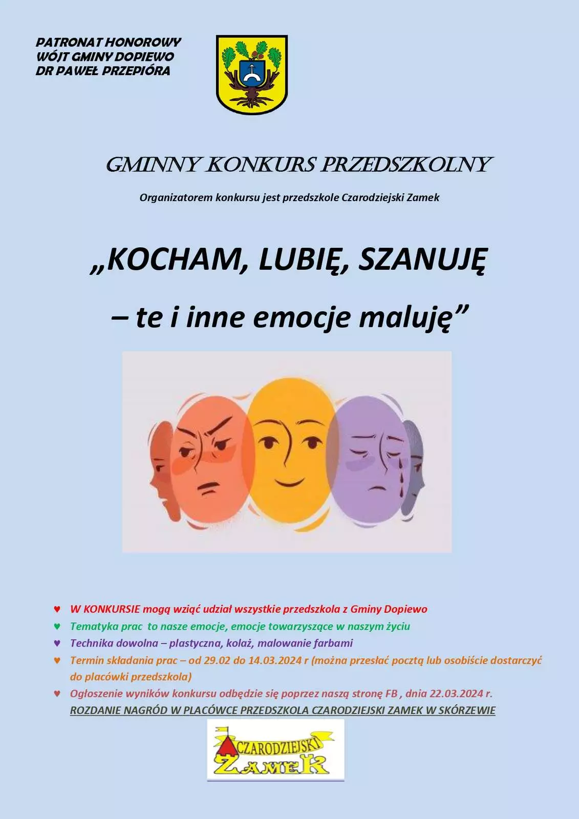 Plakat konkursu "KOCHAM, LUBIĘ, SZANUJĘ - te i inne emocje maluję"